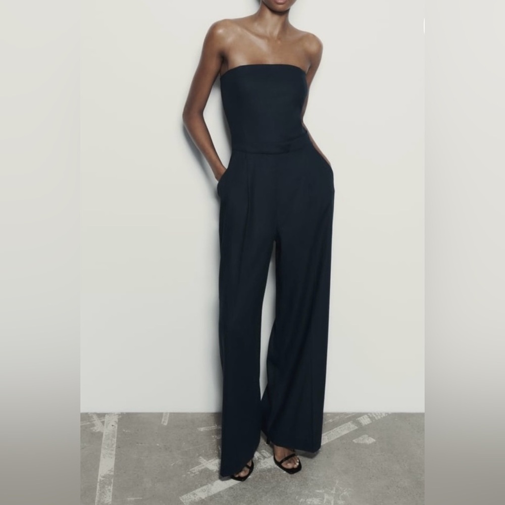 Zara Strapless Linen Blend Jumpsuit Straight
Neck Wide Leg Navy Boho Blogger
